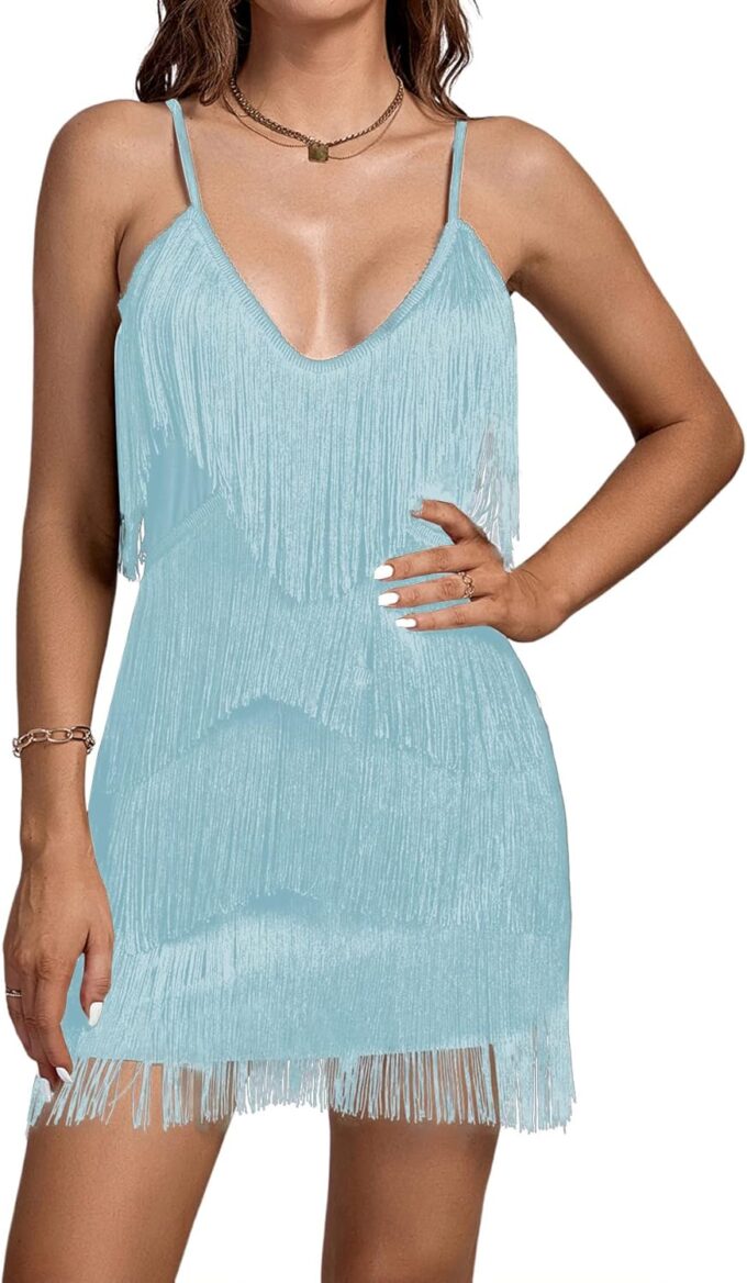Umenlele Women's Layered Fringe Deep V Neck Cami Mini Dress Sleeveless Tassels Flapper Party Dresses Light Blue X-Large – Bild 4