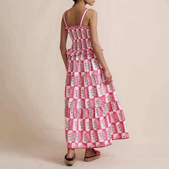 Women Summer Smocked Flowy Dress Spaghetti Strap Square Neck Floral Dress Ruffle Patchwork Boho A Line Midi Sun Dress – Bild 6