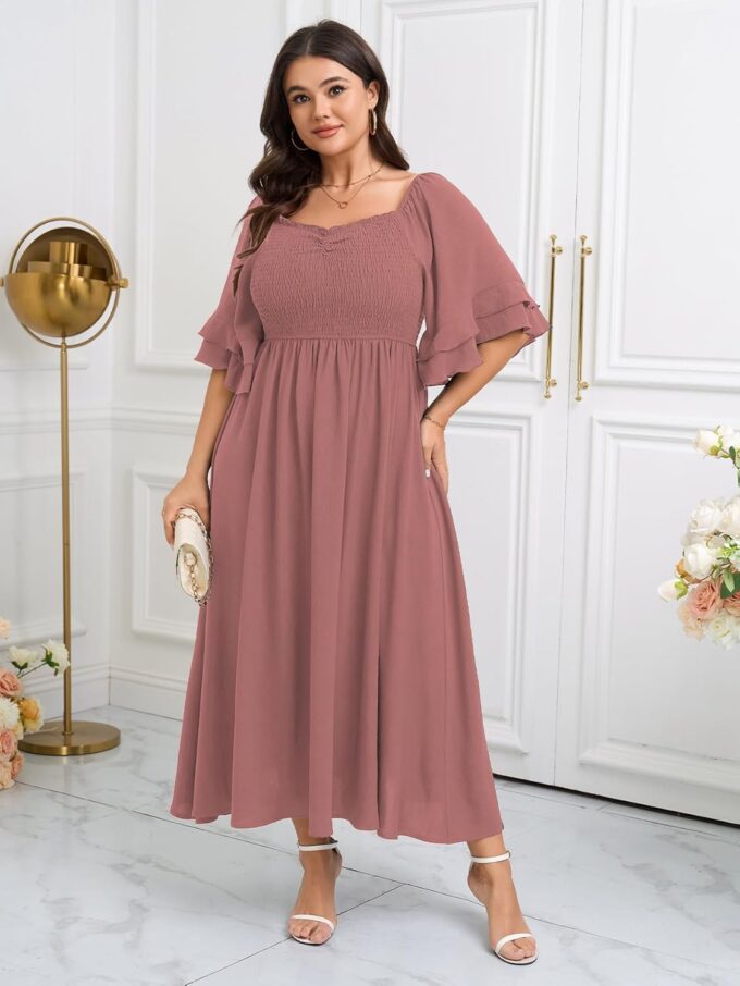 SCOMCHIC Womens Plus Size Maxi Dresses Smocked Square Neck Short Sleeve Wedding Guest Formal Flowy A-Line Long Dress – Bild 3