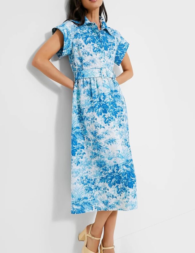 Women's Button Down Shirt Dress Floral Printed Turn Down Short Sleeve Formal Midi Shirt Dress with Belt – Bild 3