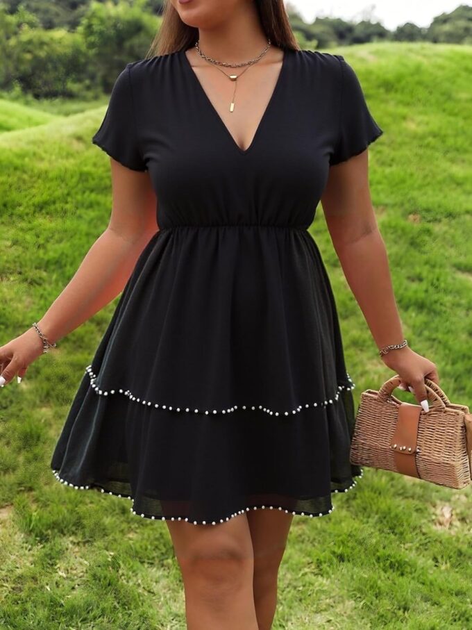 ZNU Plus Size Women’s Cocktail Dresses Studded Draped Double Hem Prom Dress Elegant V-Neck Short Sleeve A-Linen Dresses – Bild 4