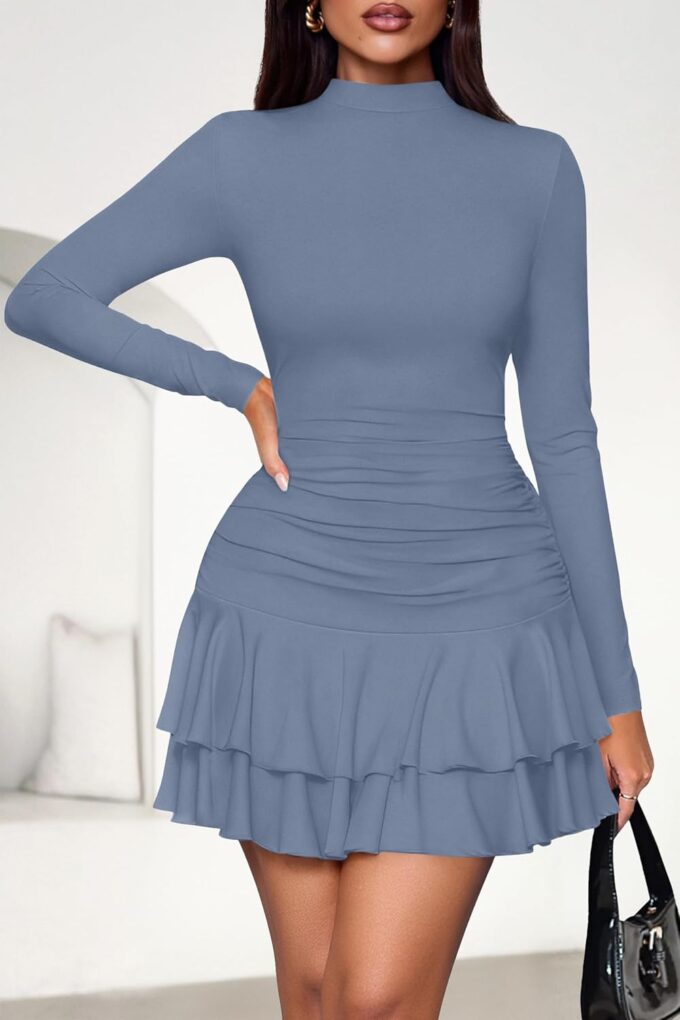 PRETTYGARDEN Women's Fall Long Sleeve Dresses 2025 Mock Neck Ruched Y2K Clothes Ruffle Layered Bodycon Mini Party Dress – Bild 2