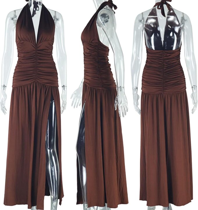 Tcremisa Womens Summer Halter Deep V Neck Maxi Dress Sexy Sleeveless Backless High Slit Long Cocktail Party Dresses – Bild 6