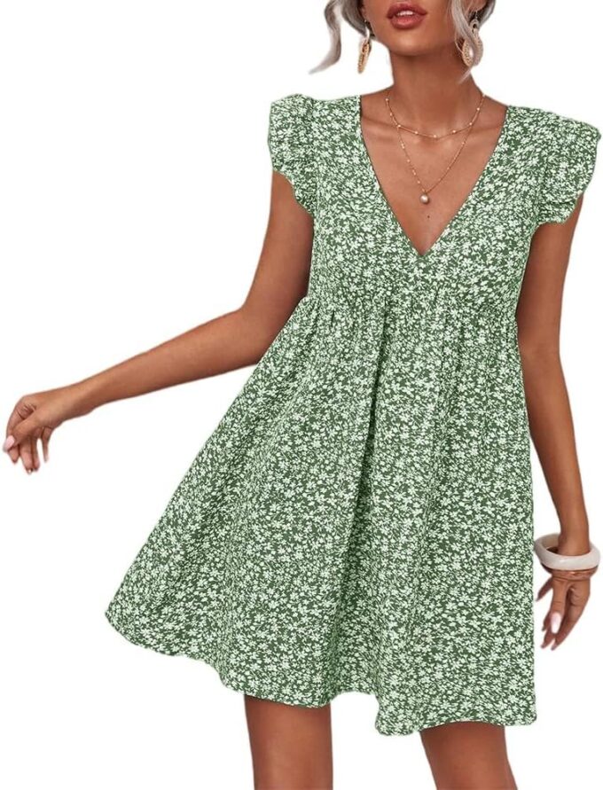 Women Boho Floral Summer Dresses Casual Backless V Neck Mini Dress Ruffle Beach Sundress