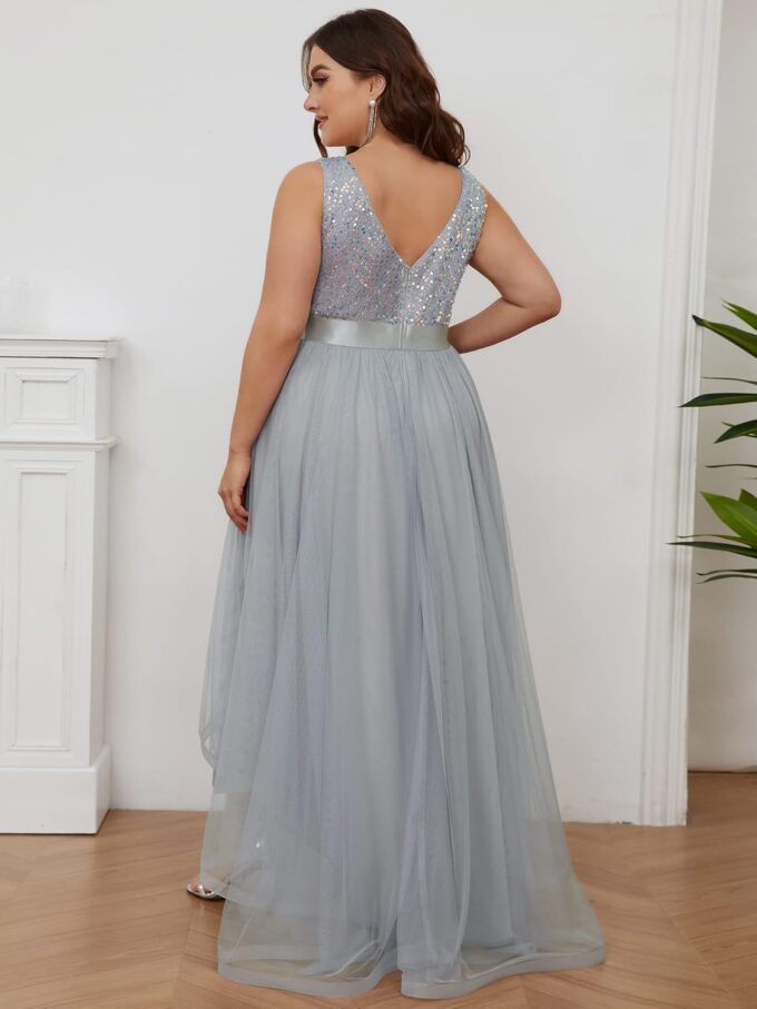Ever-Pretty Womens Double V Neck A Line High Low Sequin Tulle Plus Size Formal Dresses for Curvy Women 0147A-DA – Bild 3