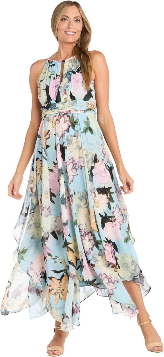 R&M Richards Women's Aqua Bloom Hankie-Hem Maxi Dress – Bild 3