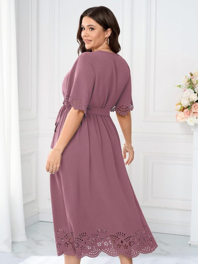 Womens Plus Size Wedding Guest Cocktail Dress Wrap V Neck A-Line Swing Maxi Dresses with Belt – Bild 5