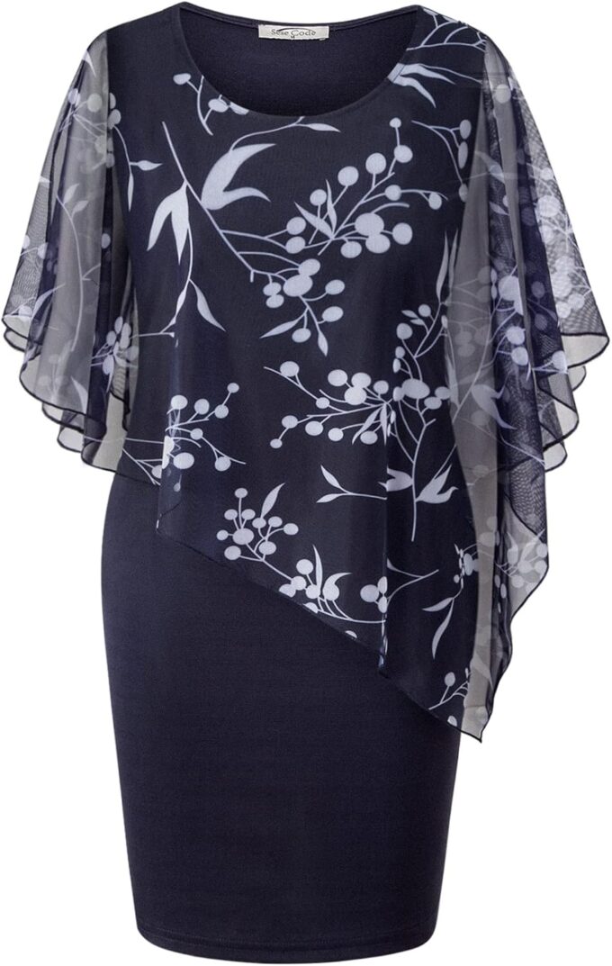 SeSe Code Women's Mesh Cape Overlay Bodycon Knee Length Pencil Dress for Wedding Guest