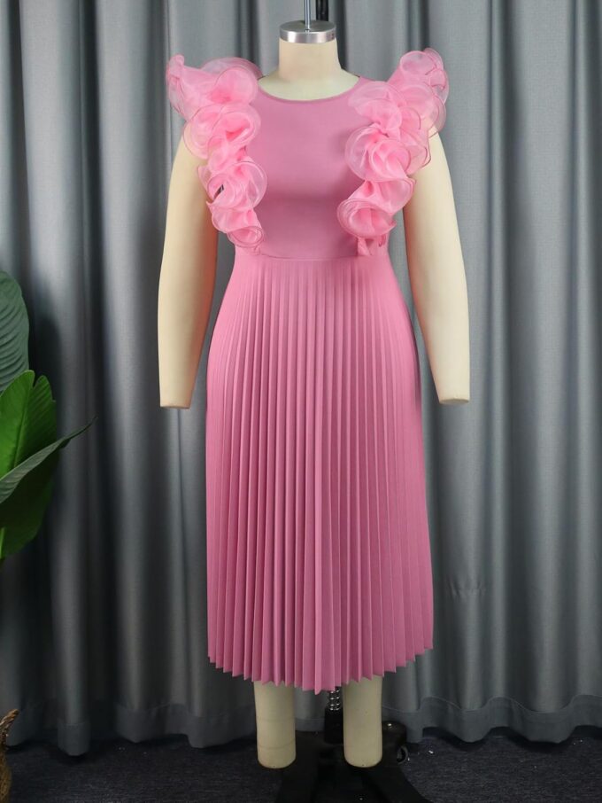 ONTINVA Women's Crew Neck Pleated A-line Dress Ruffled Sleeveless Casual Maxi Dresses Party Wedding Guest Long Flowy – Bild 3