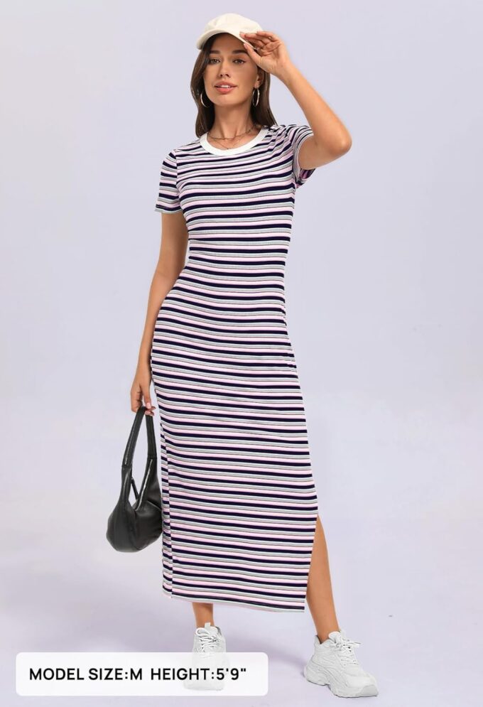 MEROKEETY Women's 2025 Summer Spring Striped Bodycon Maxi Dress Casual Short Sleeve Ribbed Knit Slit Long T Shirt Dresses – Bild 7