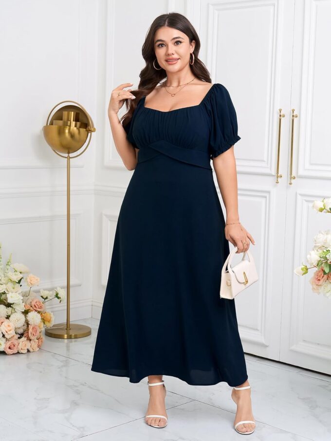 SCOMCHIC Women's Plus Size Wedding Guest Dress Semi Formal Short Sleeve Square Neck A-line Long Cocktail Maxi Dresses – Bild 3