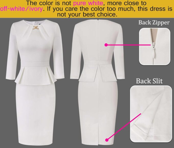 VFSHOW Damen-Bleistiftkleid, plissiert, Rundhalsausschnitt, Schößchen, Büro, Business, Rücken, geteilt, Arbeit, Kirche, schmale Passform, knielang, figurbetontes Bleistiftkleid – Bild 5