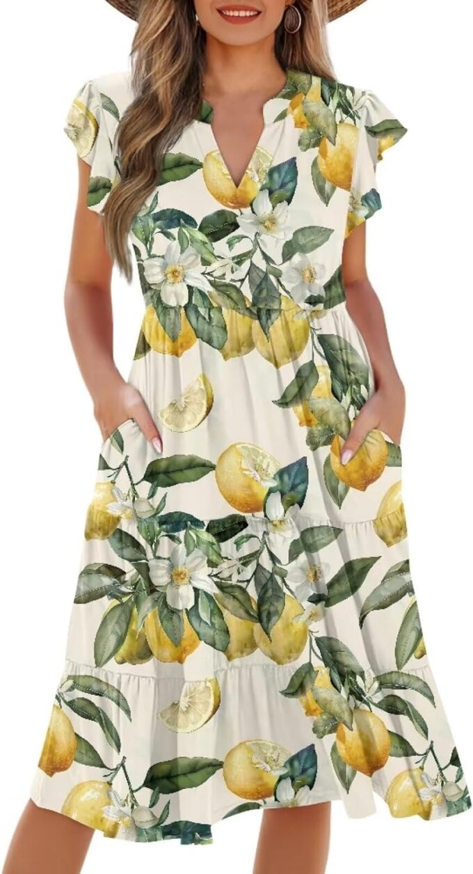 Womens Summer Dress Ruffle Sleeve V Neck Dress Casual Fit Flowy Beach Vacation Sundress with Pocket S-2XL