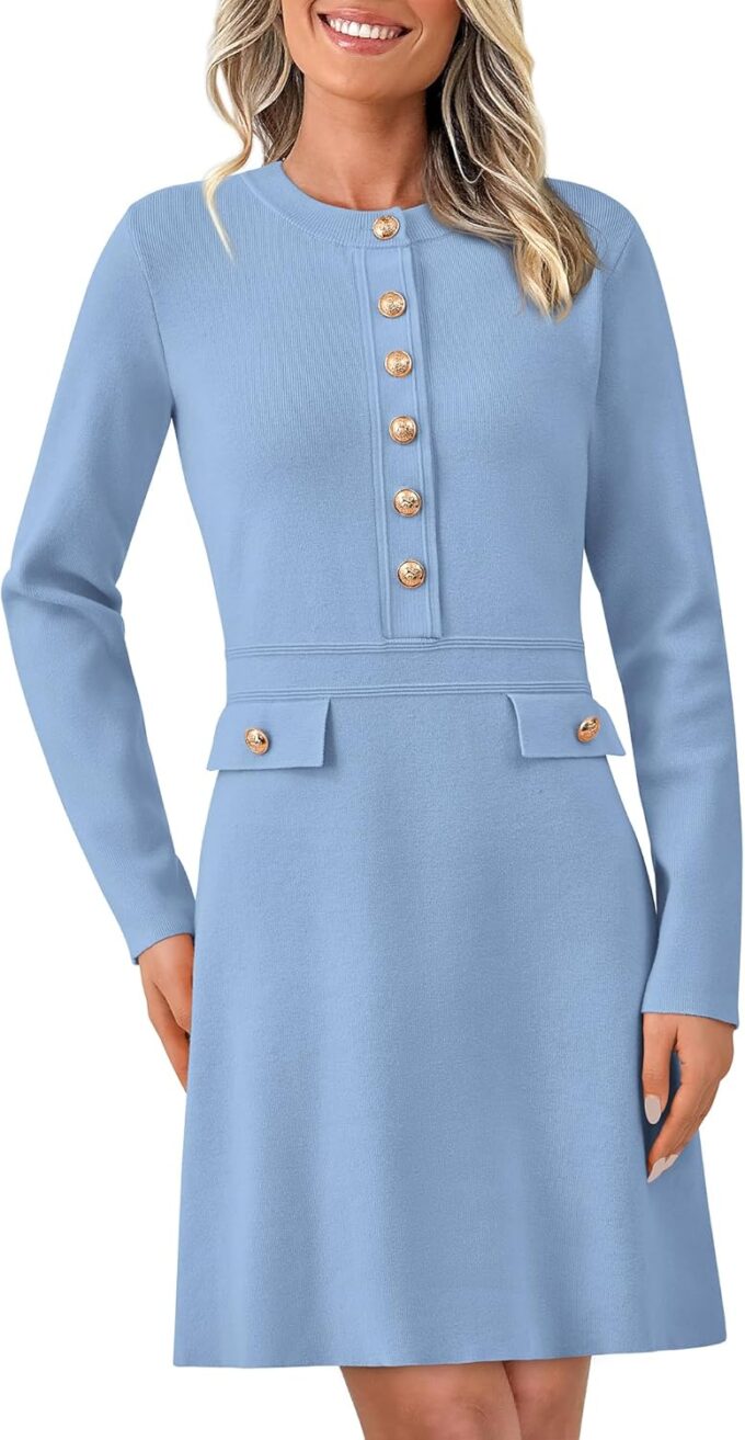 BTFBM Women Fall Dresses 2025 Casual Long Sleeve Bodycon Sweater Dress Decorative Button Formal Mini Dresses