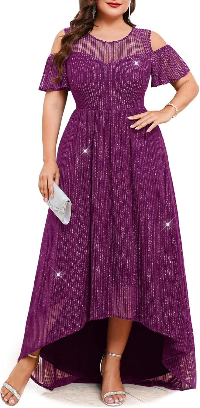 ZOMVA Plus Size Sparkly Mesh Maxi Dress Cold Shoulder Ruffle Sleeve High Low A Line Gown Wedding Guest Cocktail Party