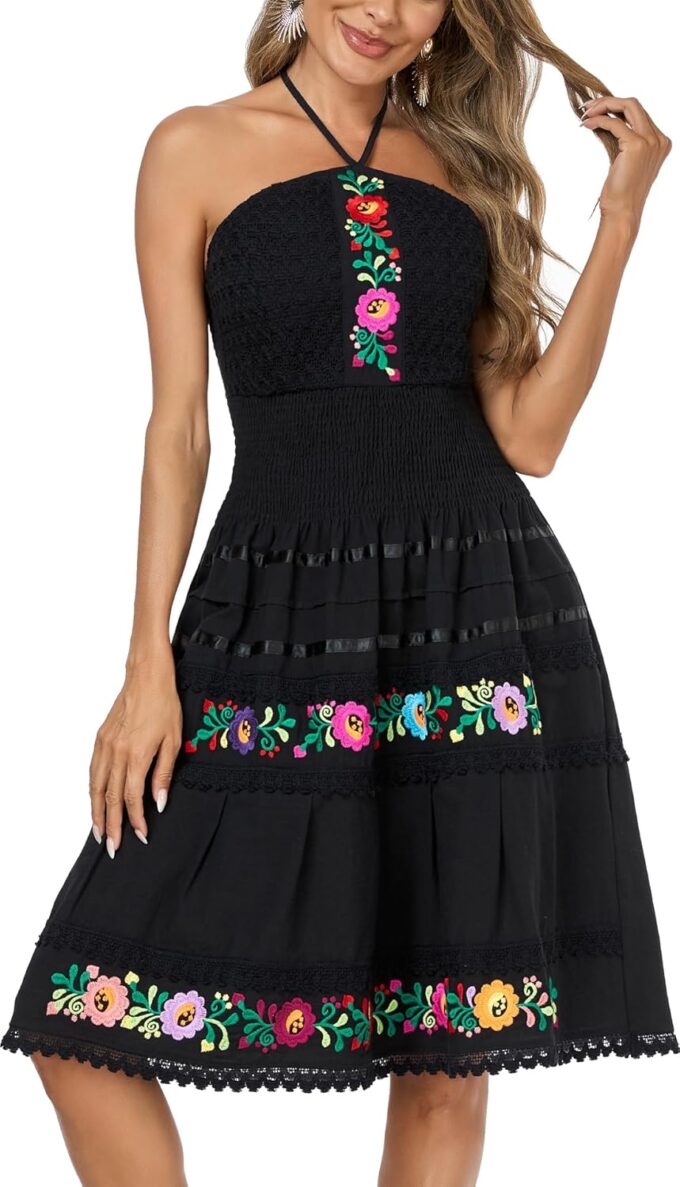 Mexican Dress for Women Casual Dress Halter Flowy Black Mini Dress – Bild 2