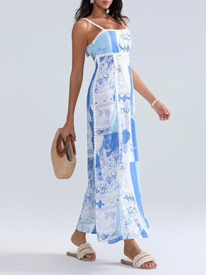 Women Floral Boho Maxi Dress Sleeveless Vintage Floral Tie Back A-Line Party Dress for Vacation Beach Streetwear – Bild 3