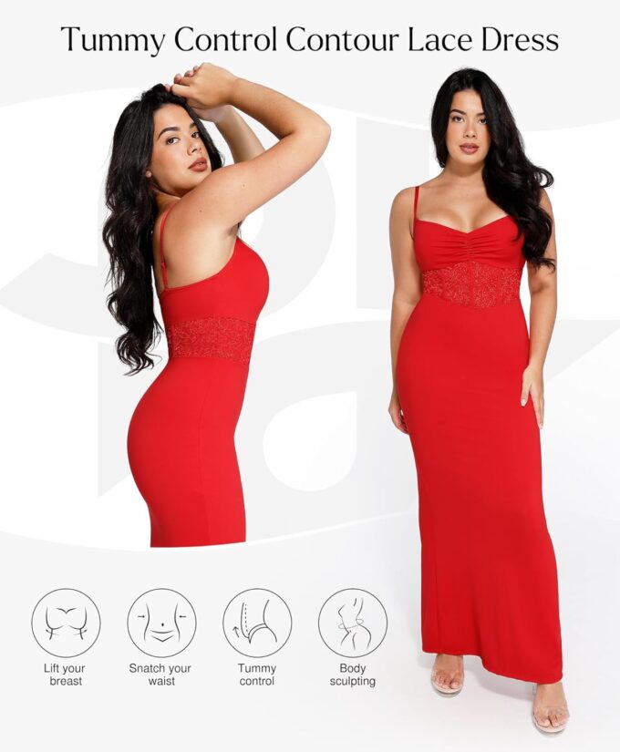 Popilush Shaper Dress Lace Formal Maxi Dresses with Built in Shapewear Corset Cocktail Party Dress Evening Gown – Bild 4