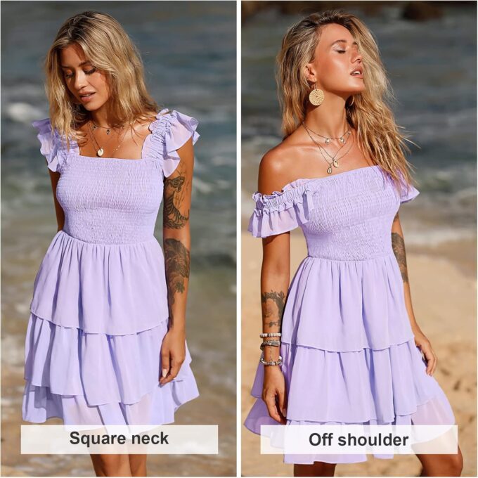 Byinns Womens Square Neck Sleeveless Ruffle Dress High Waist Backless Tiered Smocked Strappy Casual Short Mini Dresses – Bild 3