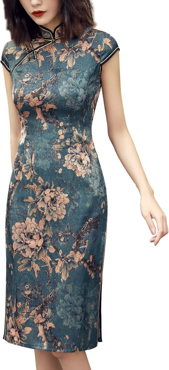 Women's Greenish Blue Traditional Flowers Chinese Dress – Bild 2