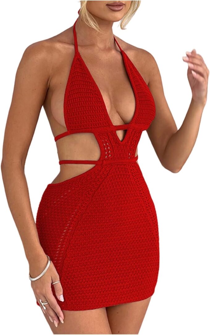 Women's Sexy Halter Hollow Out Knitted Mini Dress Sleeveless Backless Lace Up Bodycon Summer Beach Dress
