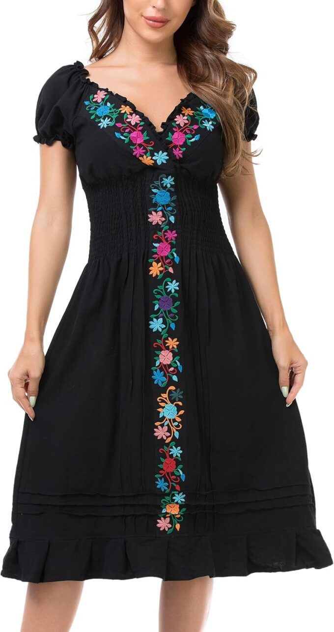 YZXDORWJ Women Mexican Embroidered Casual Dress Summer Ruffle V Neck Short Sleeves – Bild 4