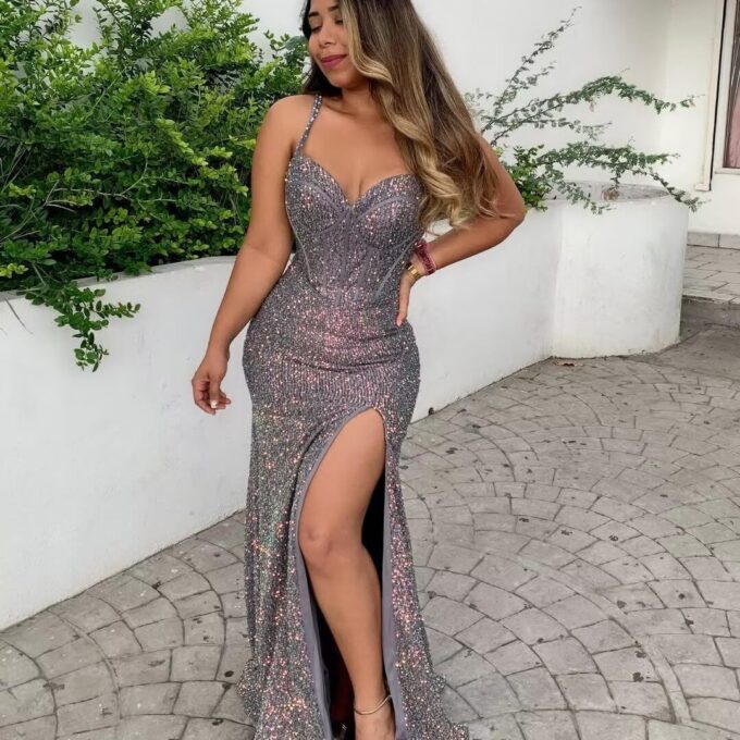 Women's Sequin Mermaid Prom Dresses Long with Slit Spaghetti Straps Formal Party Dresses XOD011 – Bild 4