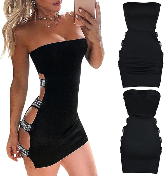 Bowanadacles Women Sexy Tube Tops Dress Solid Color Sleeveless Rhinestone Hollow Pencil Mini Dress High Waist Skinny Skirt – Bild 3
