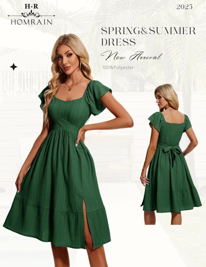 HomRain Women's Casual Wedding Dresses for Summer 2025, Vintage Graduation Square Neck Cocktail Beach Dress for Tea Party – Bild 2