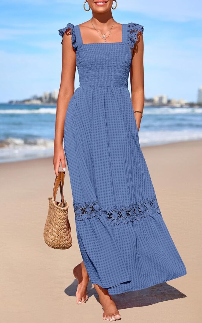 PRETTYGARDEN Women's Smocked Summer Maxi Dresses 2025 Ruffle Cap Sleeve Square Neck Lace Detail Flowy Sundress with Pockets – Bild 3