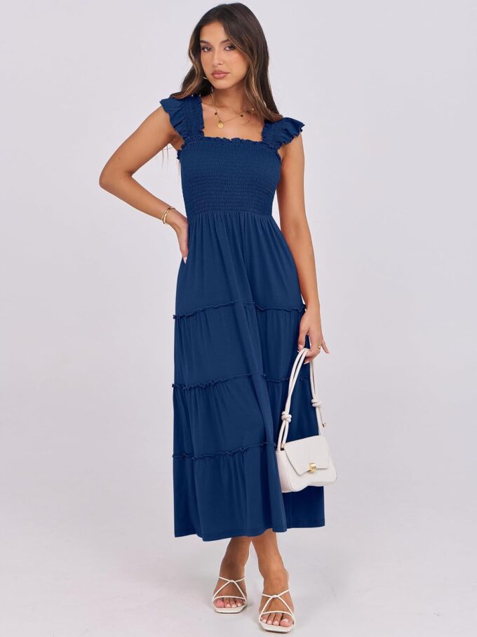 ANRABESS Womens Smocked Maxi Dress Summer Casual Ruffle Square Neck Boho Ruffle Flowy A-line Beach Sundress with Pockets – Bild 3