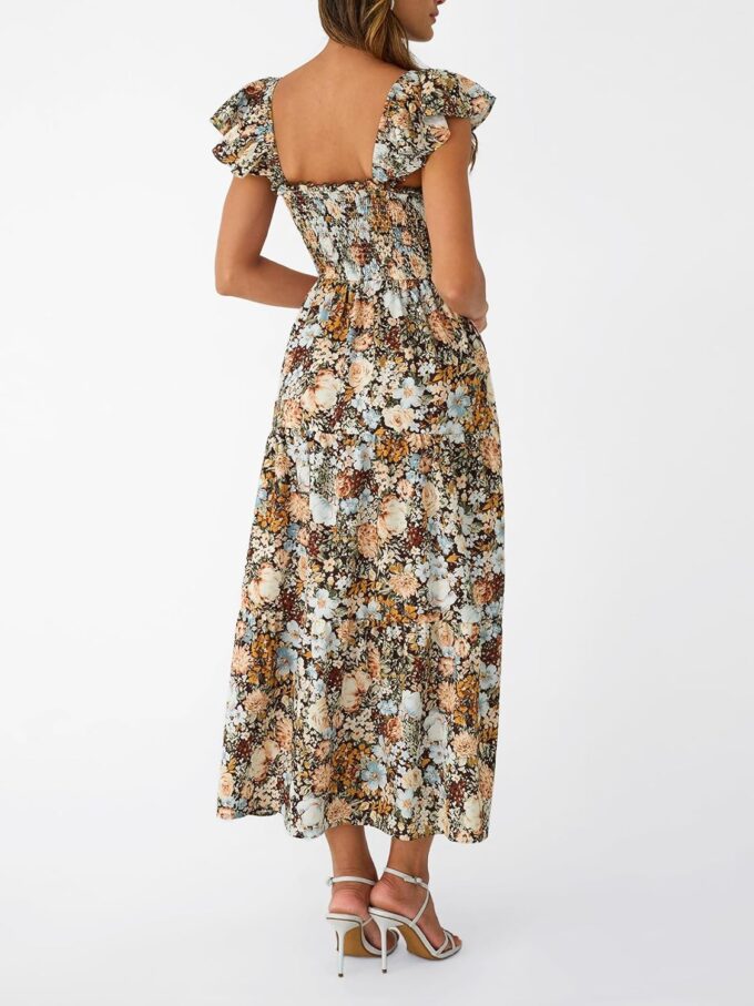 LILLUSORY Womens Square Neck Floral Ruffle Sleeve Maxi Dress 2025 Smocked Boho Vintage Sundress with Pockets – Bild 5