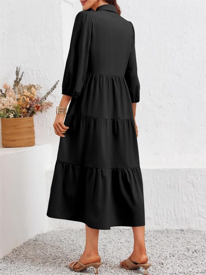 Wenrine Womens Casual 3/4 Sleeve Shirt Dress Button Down V Neck Tiered Collared Flowy Maxi Dress – Bild 5