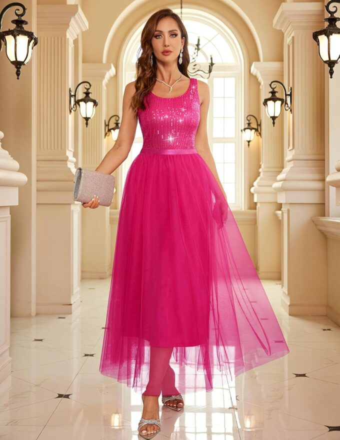 BeryLove Sequin Dress for Woman Vintage A Line Wedding Formal Swing Mesh Dress Sleeveless Cocktail Maxi Gowns – Bild 3