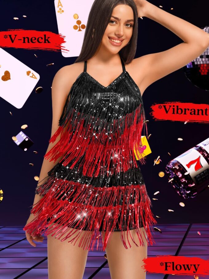 Kaei&Shi Sequin Fringe Dress,Backless Sexy Rompers For Women Clubwear,Sparkly Dance Outfits Rave Festival Concert Disco – Bild 4