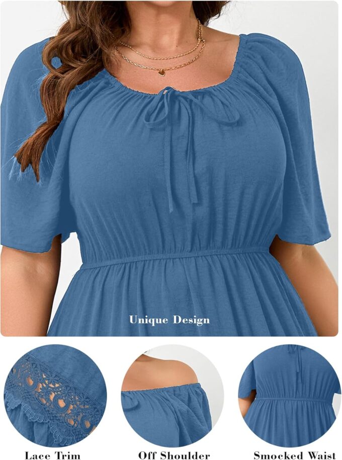 RWJ Women's Plus Size Maxi Dress Short Sleeve Square Neck Flowy A-Line Lace Trim Flutter Party Casual Off Shoulder Dresses – Bild 5
