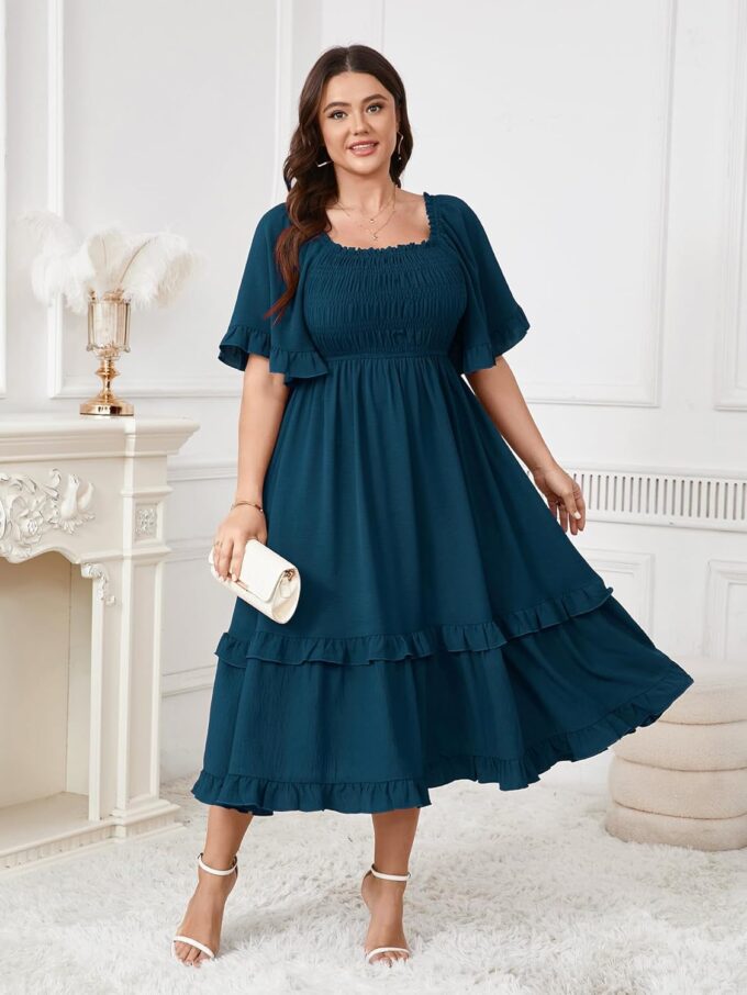 SCOMCHIC Women's Plus Size Maxi Dresses Summer Short Sleeve Square Neck Smocked Wedding Guest Cocktail Boho Long Dress – Bild 7