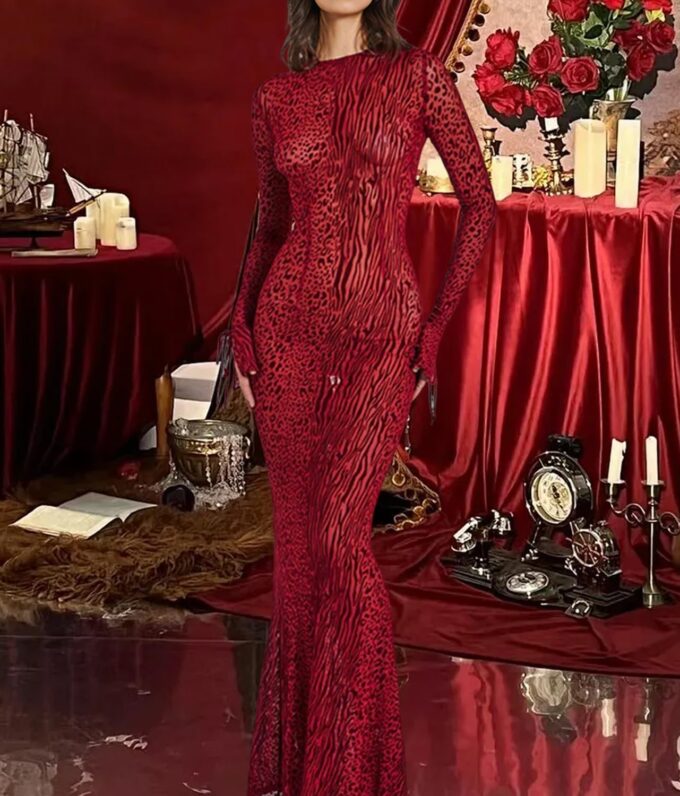 Women's Leopard Print Bodycon Maxi Dress Fall Fashion Long Sleeve Sexy Party Clubwear Long Maxi Dress(Large) – Bild 7