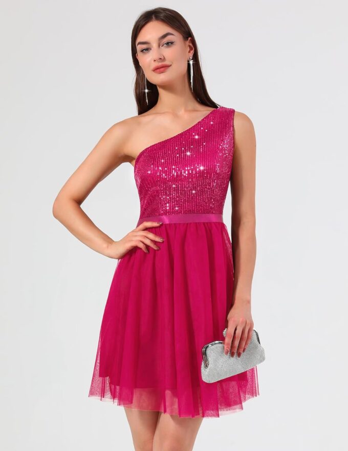 BeryLove Womens Sequin Short Homecoming Dress Formal One-Shoulder Cocktail Dress – Bild 5