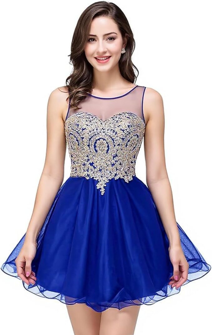 MisShow Tulle Homecoming Dresses for Teens Gold Lace Applique Short Prom Gown Sleeveless Cocktail Party Dresses – Bild 3