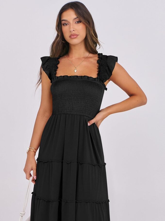 ANRABESS Womens Smocked Maxi Dress Summer Casual Ruffle Square Neck Boho Ruffle Flowy A-line Beach Sundress with Pockets – Bild 5