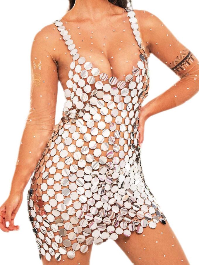 GORAIS Sparkly Sequin Chainmail Dress Dots Dance Mini Dresses Nightclub Bikini Body Chain Dress for Women