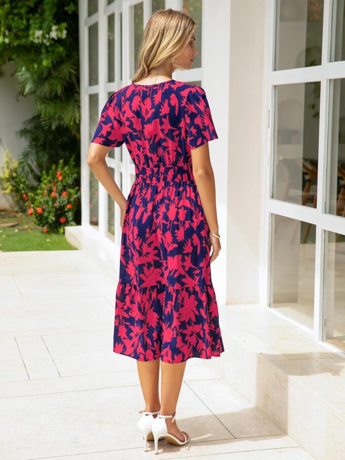 BerryGo Women's Floral Summer Short Sleeve Midi Dress V Neck Empire Waist Swing Flowy Boho Dress – Bild 4