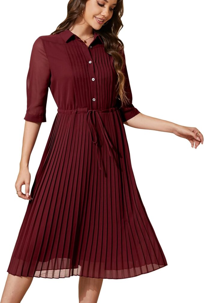 Women V Neck 3/4 Sleeve Pleated A-Line Dress with Belt Swing Midi Dresses for Spring Summer Autumn