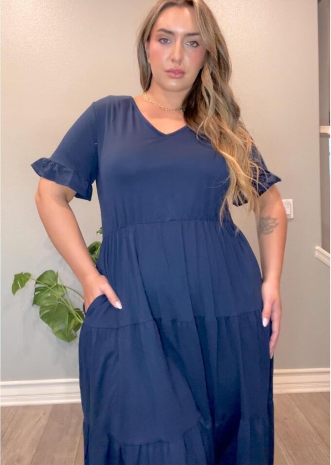 IN'VOLAND Womens Plus Size Short Sleeve Dress Summer Midi Casual Tiered V-Neck Aline Flowy Loose Dresses with Pockets – Bild 5