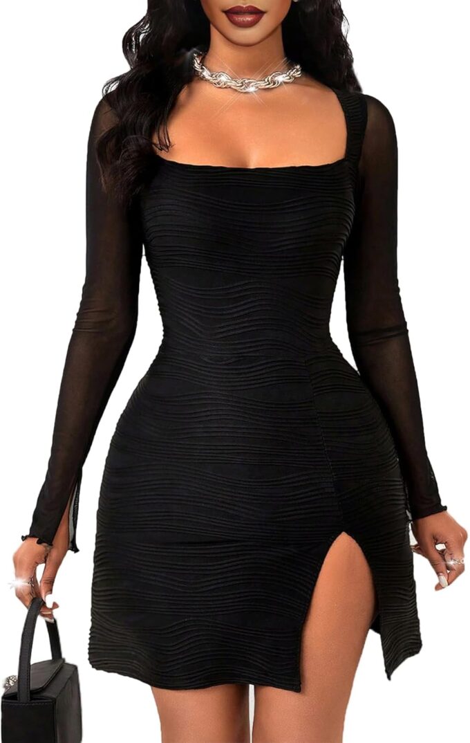 GothDark Women's Sexy Bodycon Dress Mesh Long Sleeve Square Neck Ruched Split Hem Club Party Mini Dresses