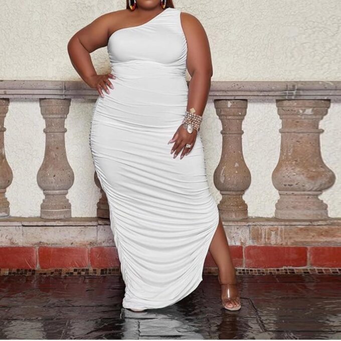 Womens Sexy Plus Size One Off Shoulder Sleeveless Bodycon Ruched Evening Pencil Party Maxi Dresss – Bild 2