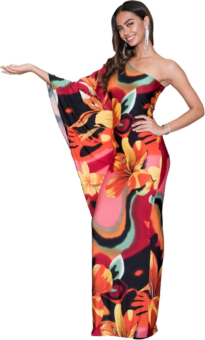 KOH KOH Womens 2025 Long One Shoulder Hawaiian Flower Print Summer Cocktail Maxi Dress Gown