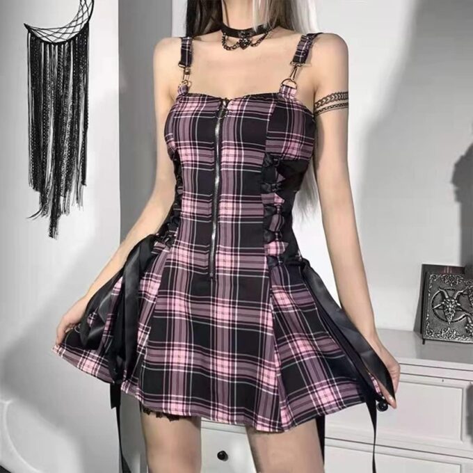 Botenwall Gothic High Waist Sexy Backless Mini Plaid Dress Mall Goth Grunge Punk Aesthetic Dresses Y2k Party Dress – Bild 2
