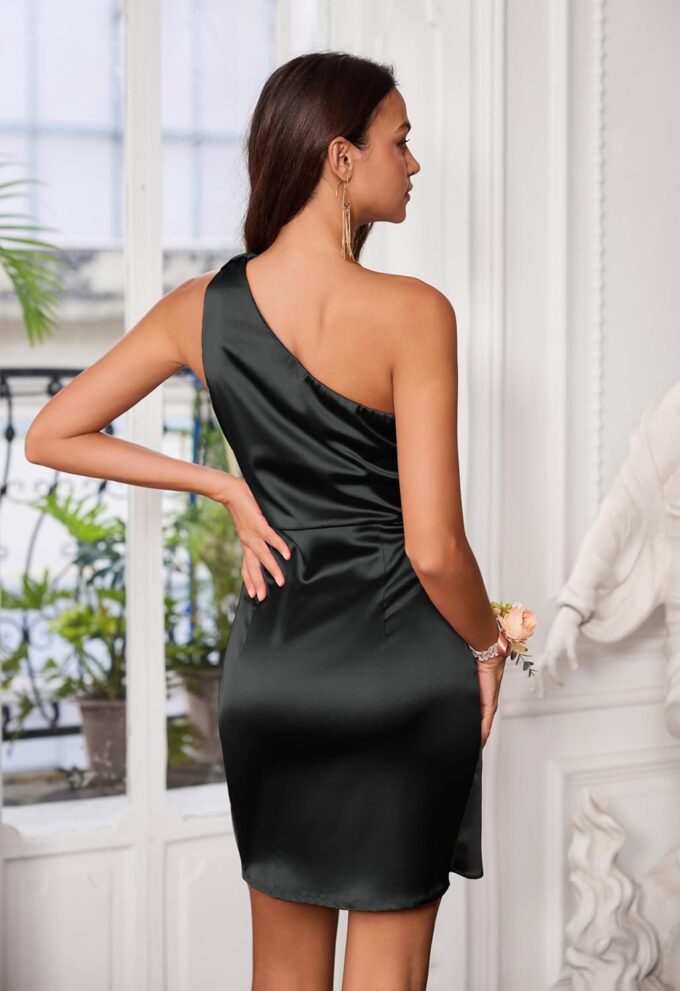 GRACE KARIN 2025 Women Satin Dress Cocktail One Shoulder Sleeveless Tie Waist Party Mini Dresses – Bild 4